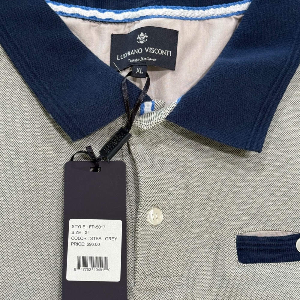 Luchiano Visconti Mens Steal Grey Polo Shirt Navy Collar FP-5017 XL NWT Preppy - Picture 6 of 11